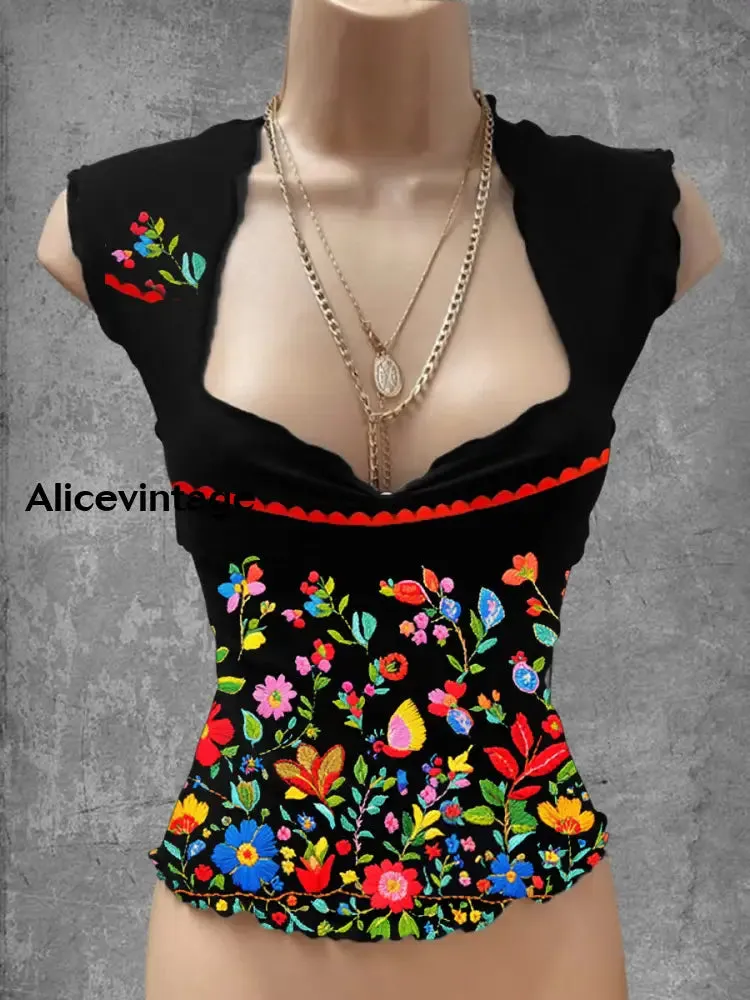 Vintage Mexican Floral Art Print V-Neck Casual Top