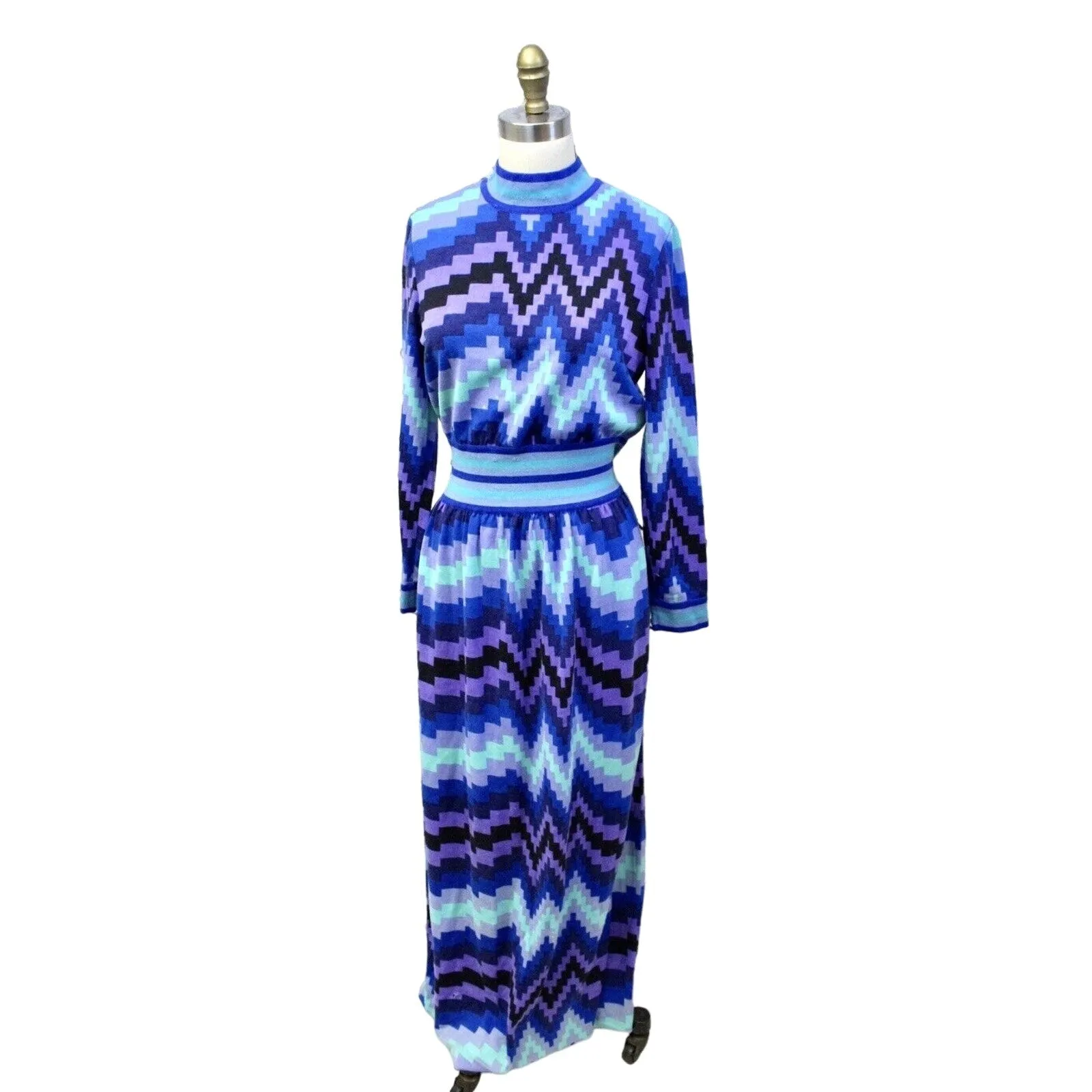 VTG 1970s GOLDWORM KNIT Italy Blue Geometric MAXI-DRESS Sz M