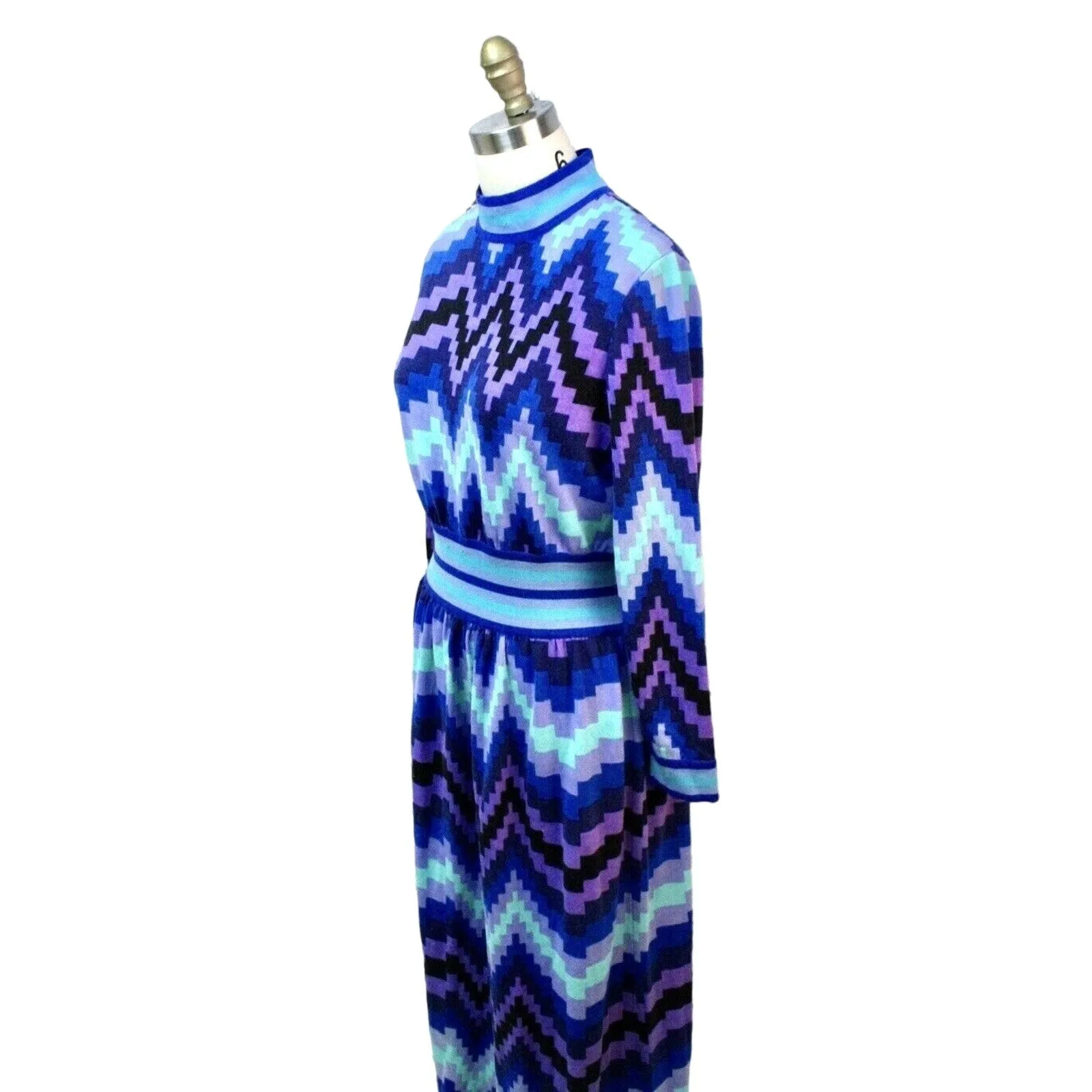 VTG 1970s GOLDWORM KNIT Italy Blue Geometric MAXI-DRESS Sz M