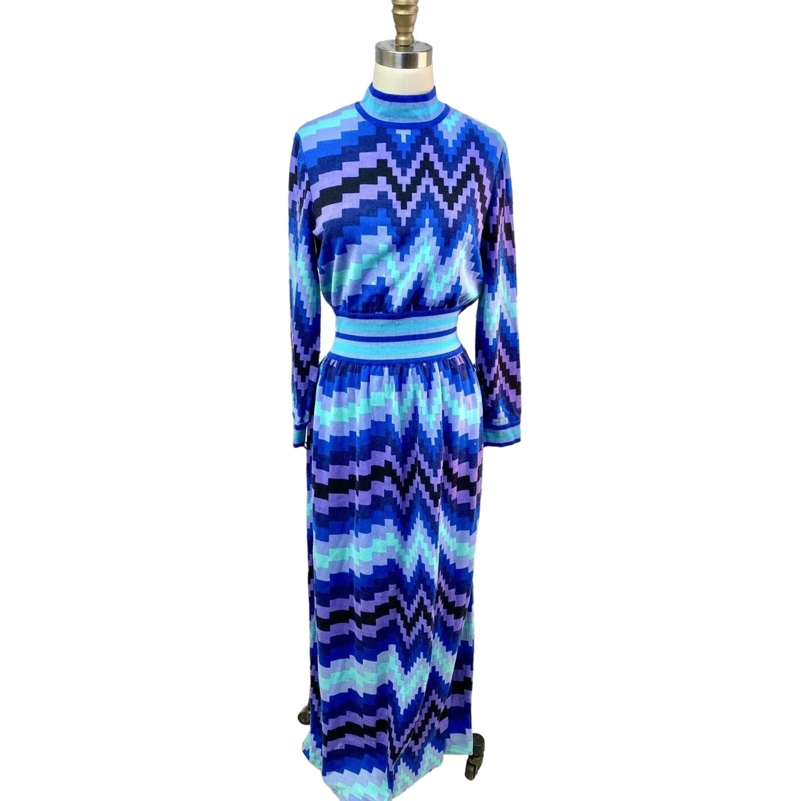 VTG 1970s GOLDWORM KNIT Italy Blue Geometric MAXI-DRESS Sz M