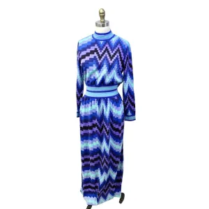 VTG 1970s GOLDWORM KNIT Italy Blue Geometric MAXI-DRESS Sz M