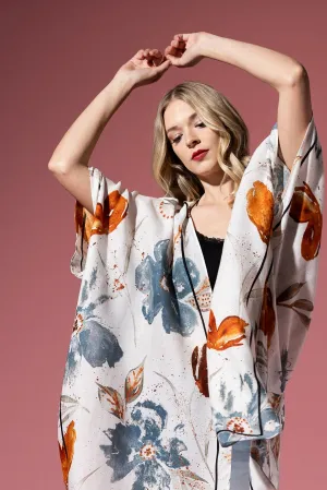Watercolor Garden Teal & Brown Kimono