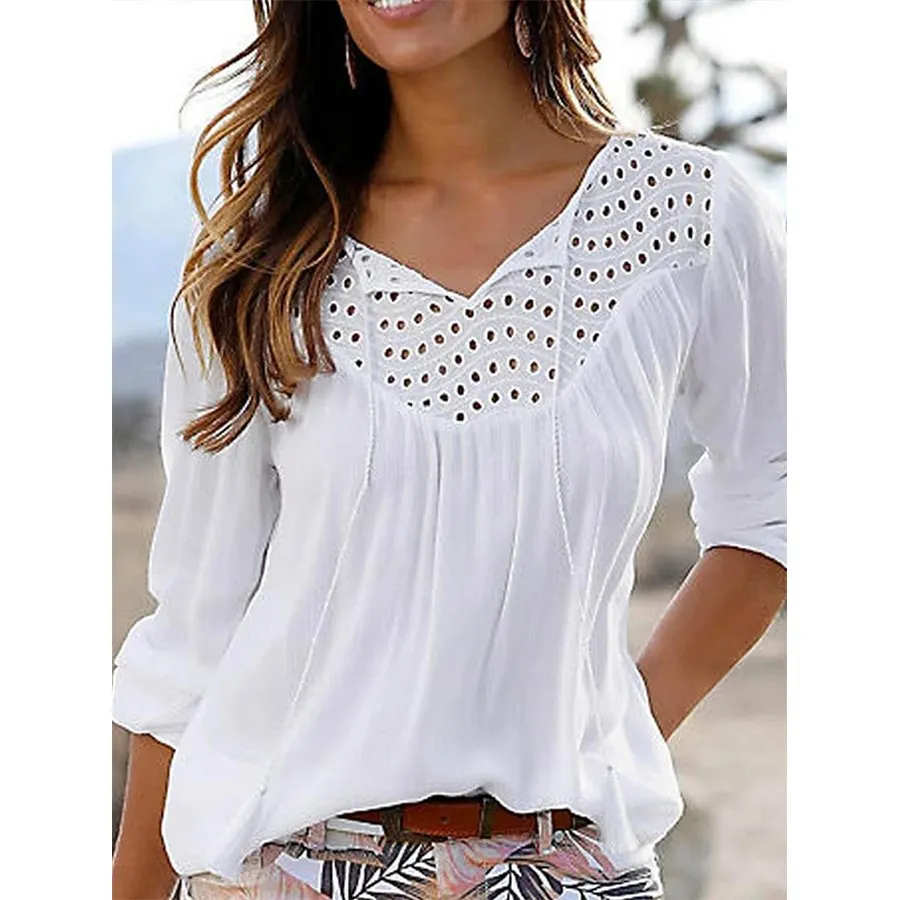 Western V Neck Solid Long Sleeve Top T-Shirt