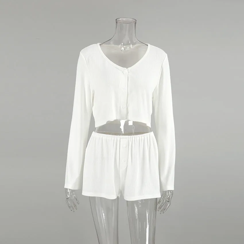 White Knitted Fabric Jacquard Pajamas Two Piece Sets