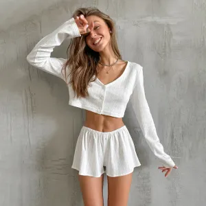 White Knitted Fabric Jacquard Pajamas Two Piece Sets