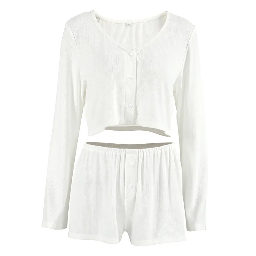 White Knitted Fabric Jacquard Pajamas Two Piece Sets