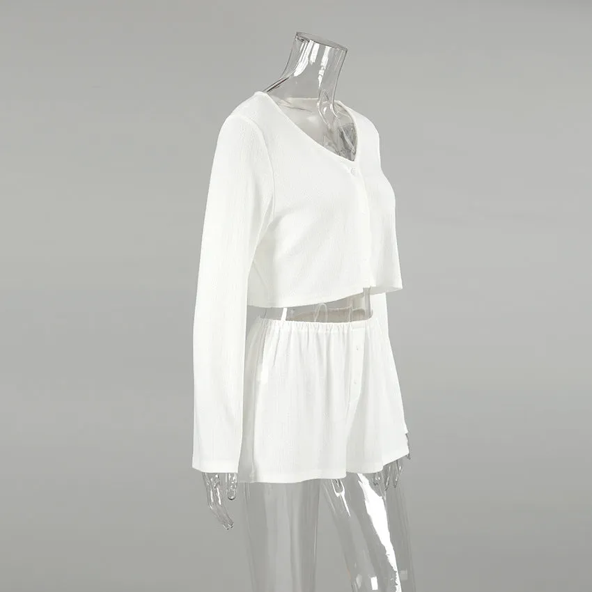 White Knitted Fabric Jacquard Pajamas Two Piece Sets