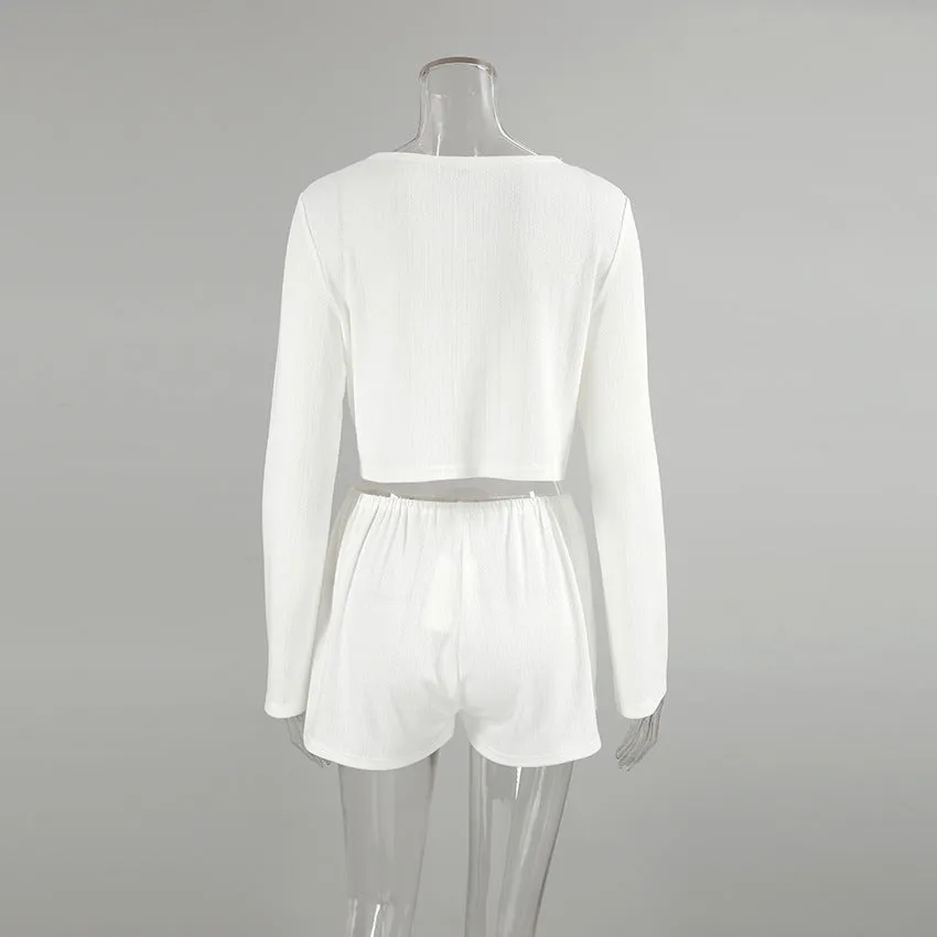 White Knitted Fabric Jacquard Pajamas Two Piece Sets