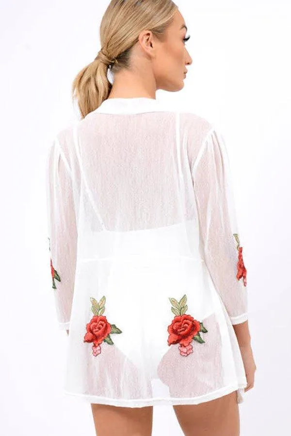 White Mesh Floral Applique Kimono - Lizzy