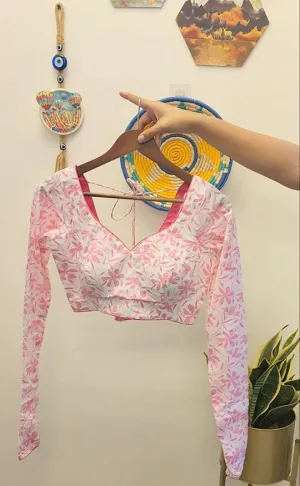 White Pink Floral Cotton Churi Sleeve Blouse