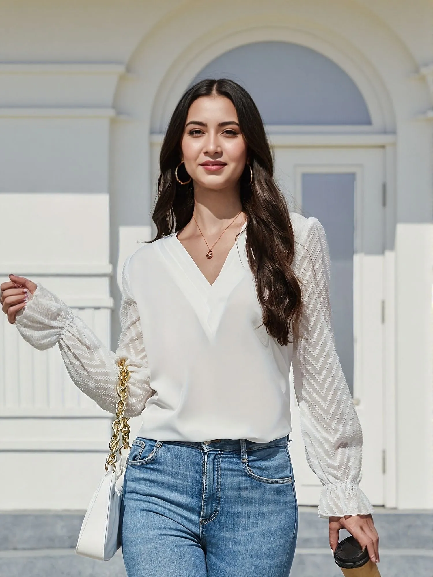 White V Neck Blouse With Textured Sleeve