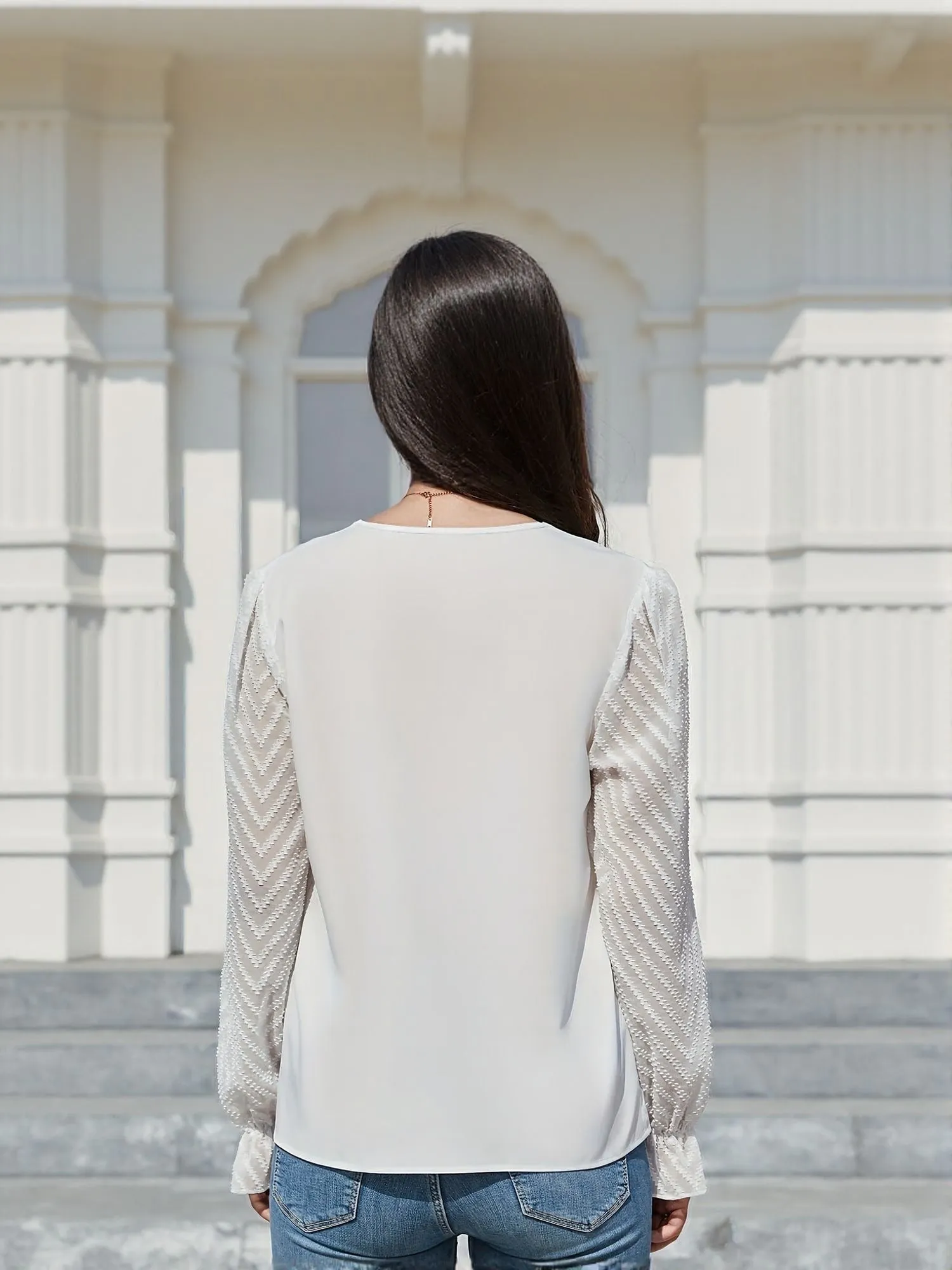 White V Neck Blouse With Textured Sleeve