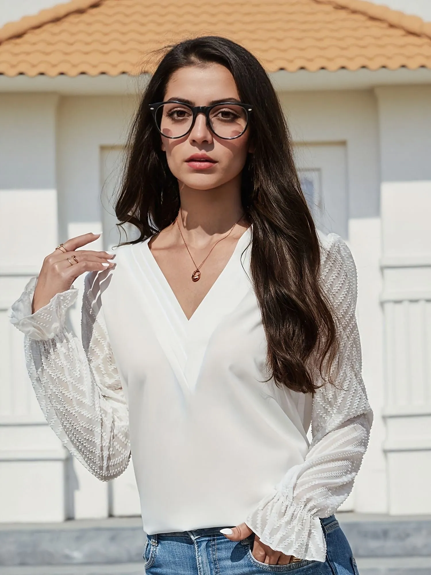 White V Neck Blouse With Textured Sleeve