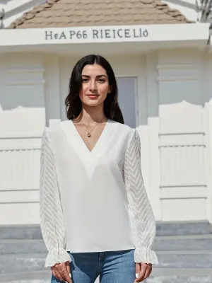 White V Neck Blouse With Textured Sleeve