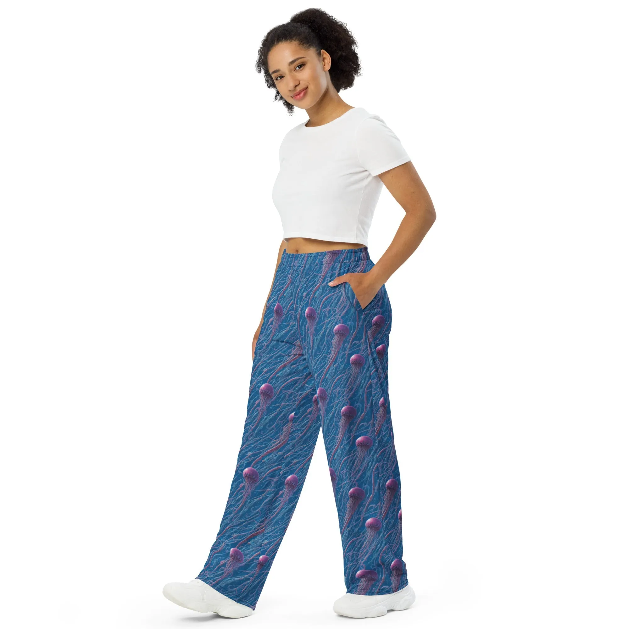 Wide-leg Pants - Blue and Violet Jellyfishes