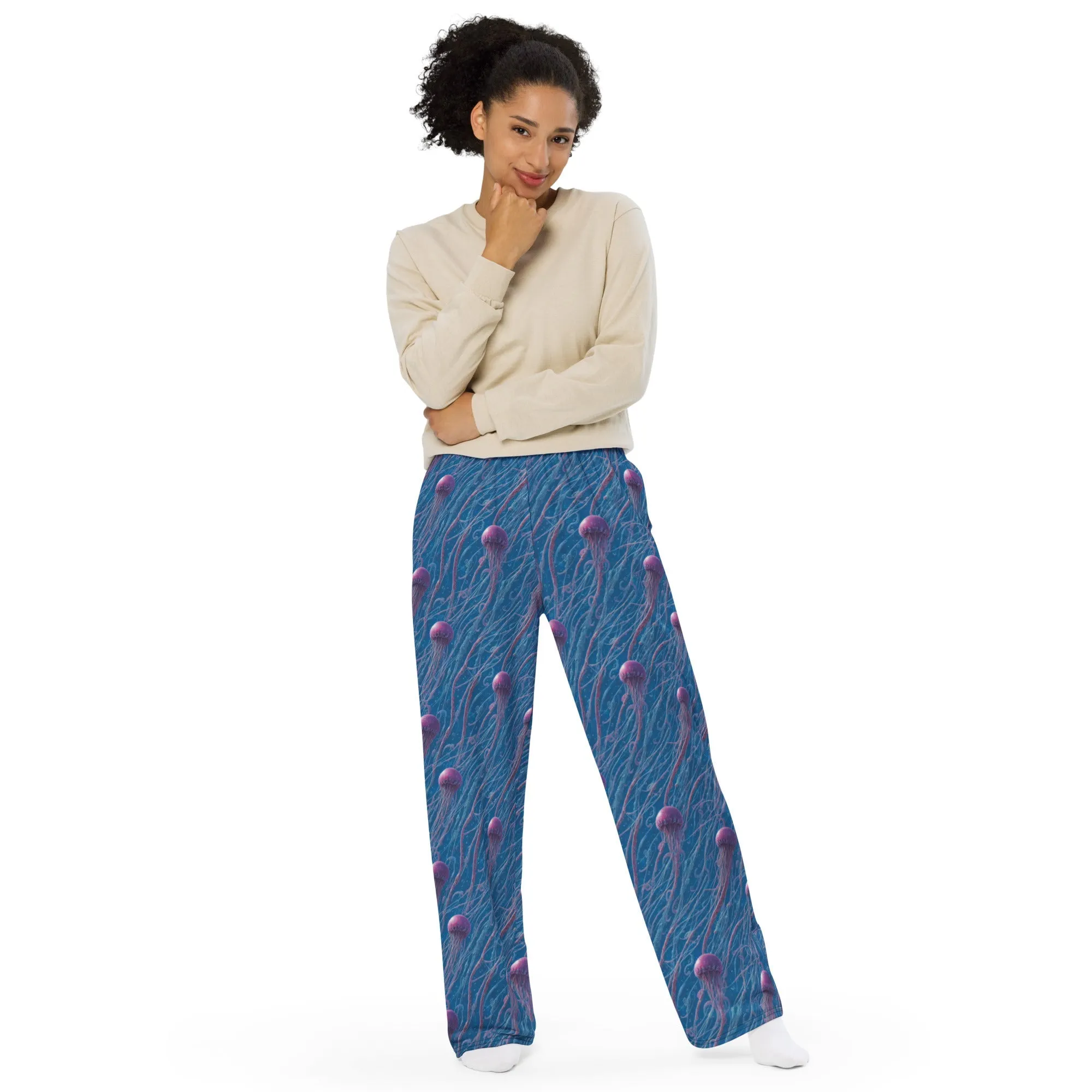 Wide-leg Pants - Blue and Violet Jellyfishes