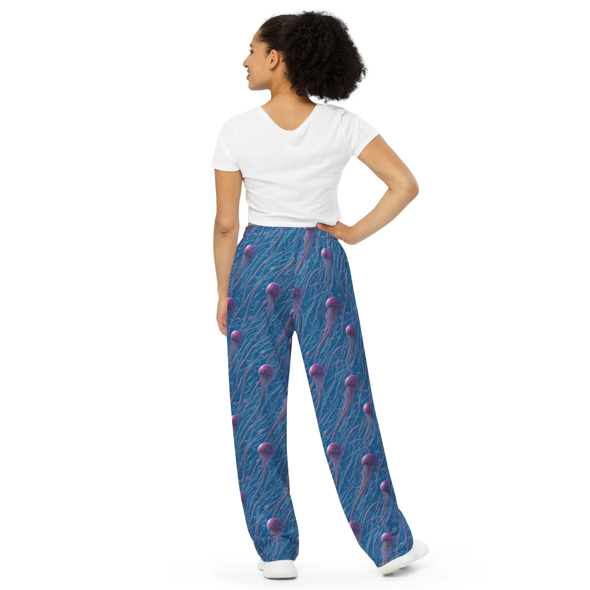 Wide-leg Pants - Blue and Violet Jellyfishes