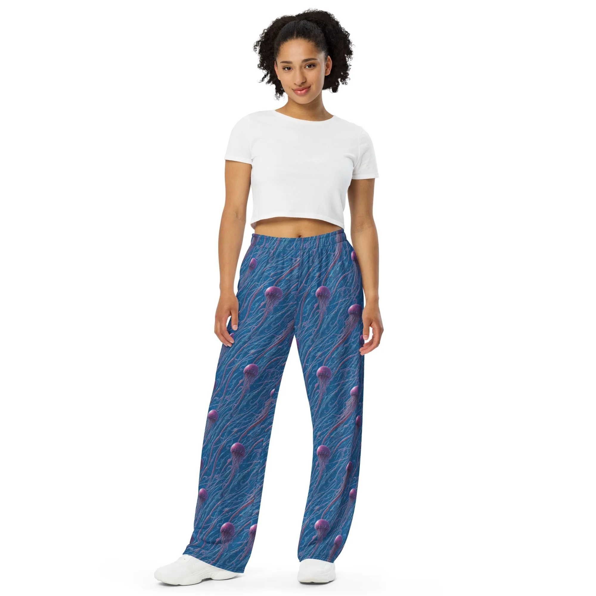 Wide-leg Pants - Blue and Violet Jellyfishes
