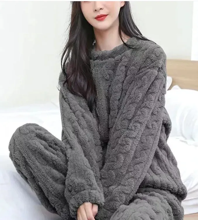Winter Pajamas Set Loose Thickened Pullover Long Sleeves And Trousers Warm Pajamas