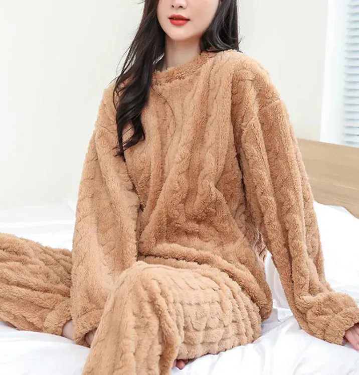 Winter Pajamas Set Loose Thickened Pullover Long Sleeves And Trousers Warm Pajamas