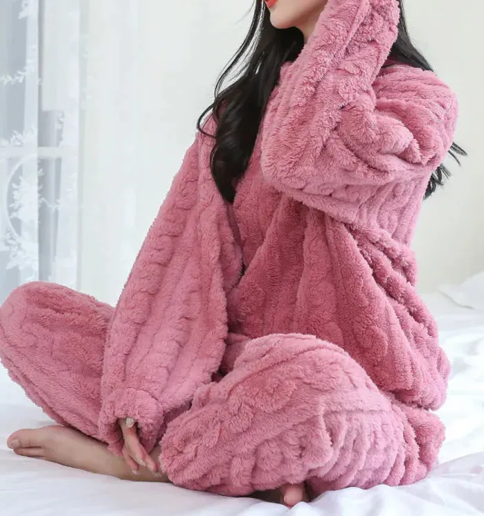 Winter Pajamas Set Loose Thickened Pullover Long Sleeves And Trousers Warm Pajamas