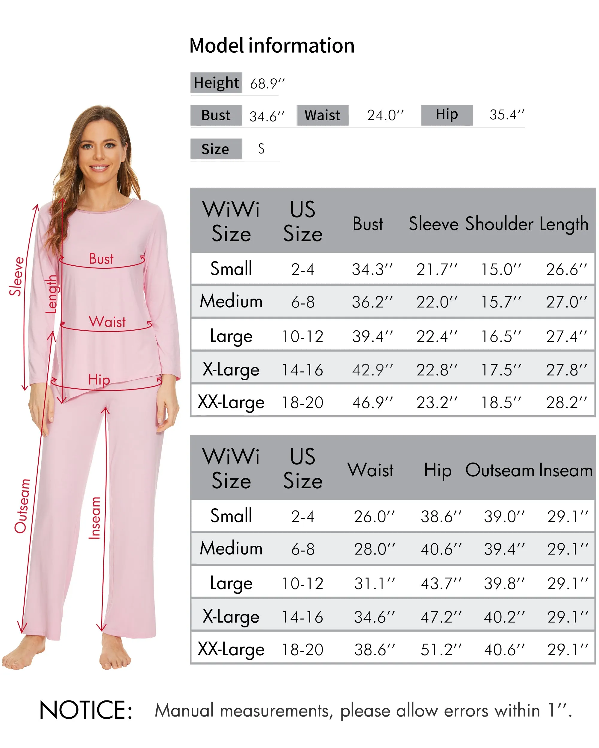 WiWi Bamboo Pajamas Set for Women Long Sleeve Sleepwear