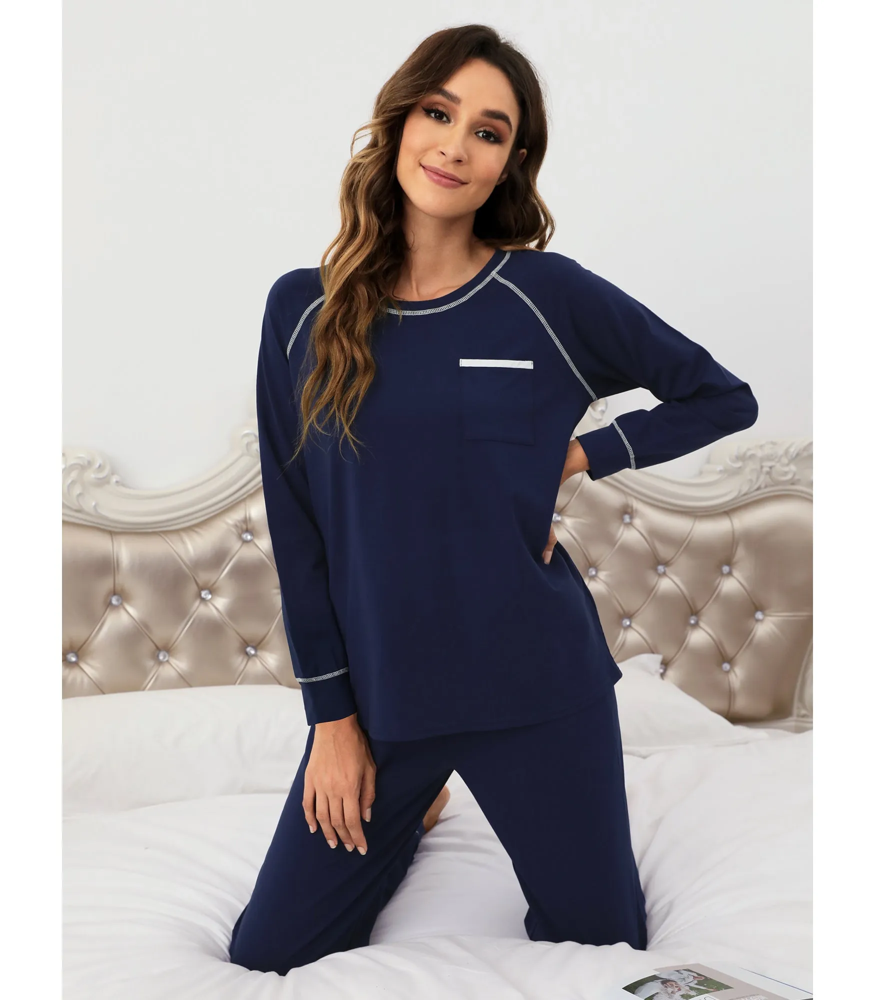 WiWi Bamboo Pajamas Set Long Sleeve Sleepwear Jogger Pants