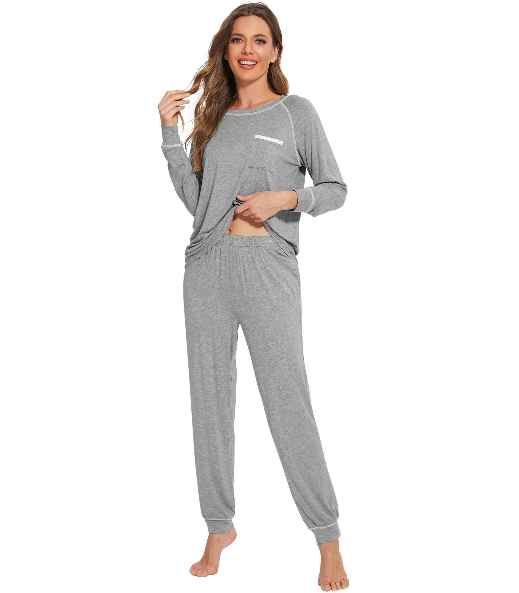 WiWi Bamboo Pajamas Set Long Sleeve Sleepwear Jogger Pants