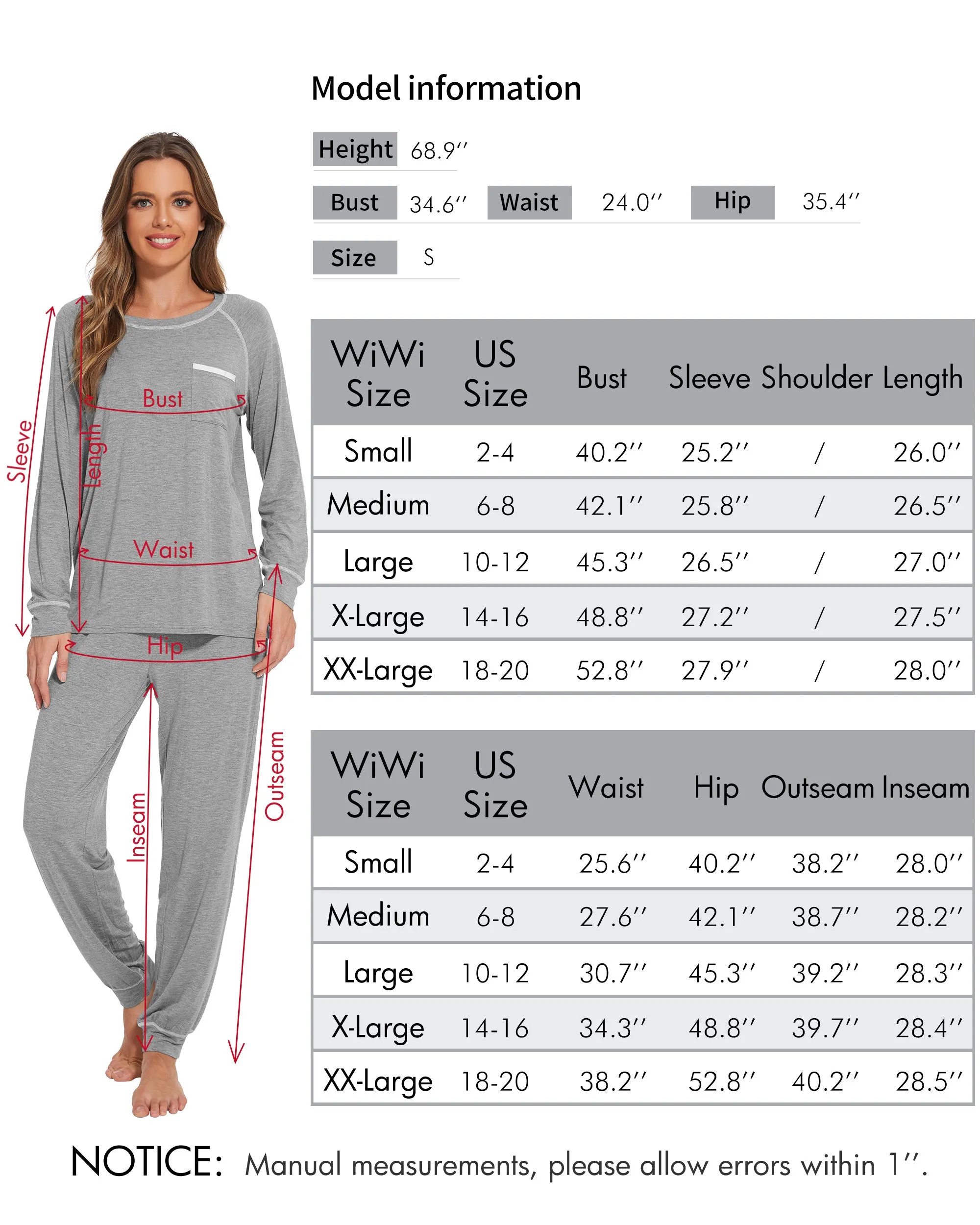 WiWi Bamboo Pajamas Set Long Sleeve Sleepwear Jogger Pants
