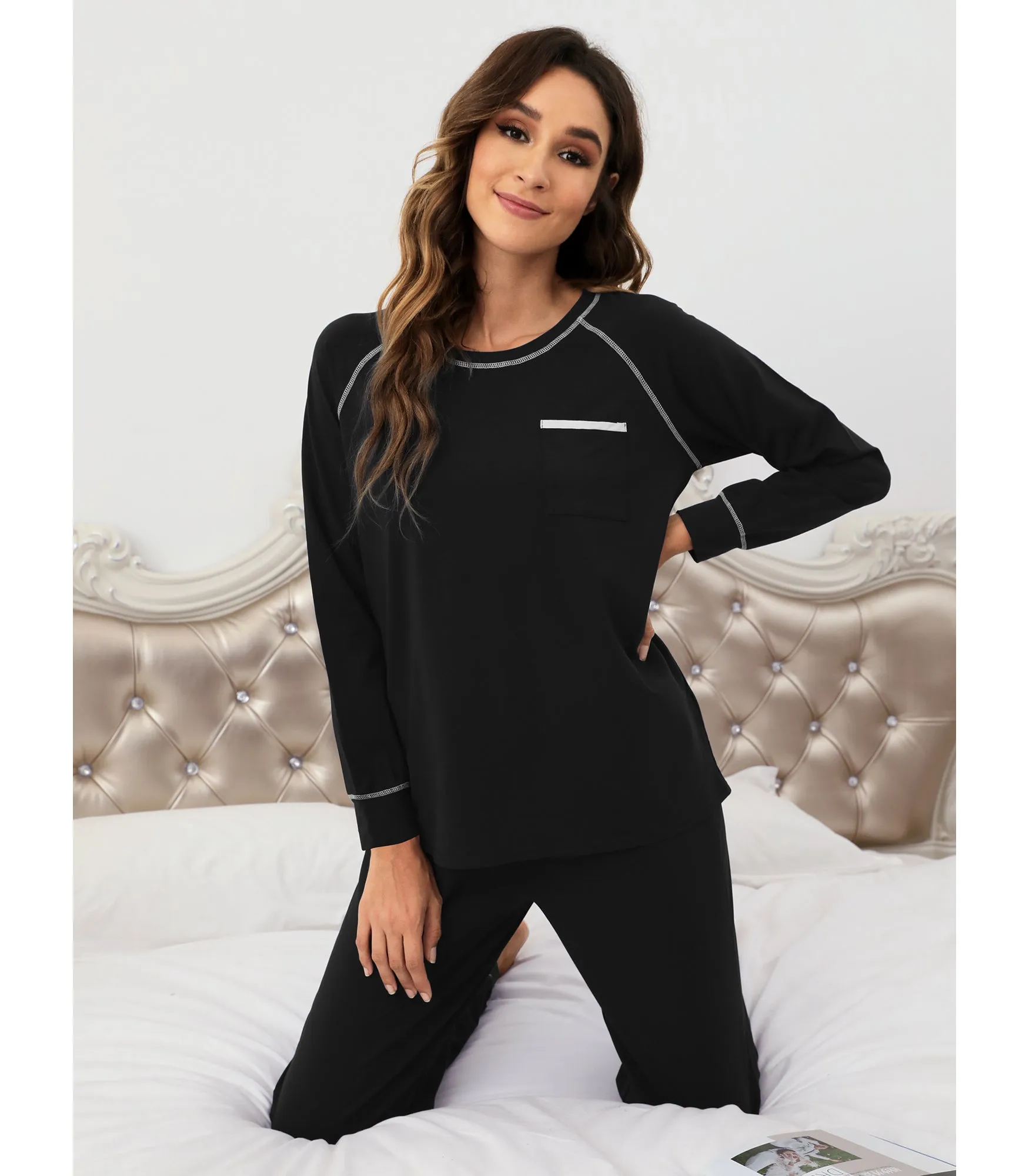 WiWi Bamboo Pajamas Set Long Sleeve Sleepwear Jogger Pants