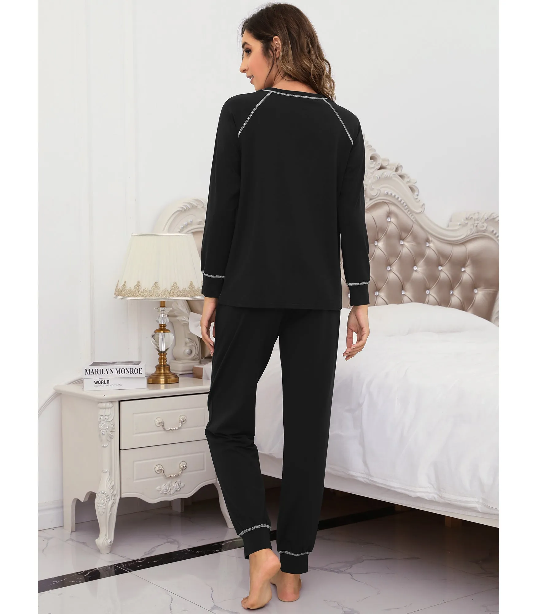 WiWi Bamboo Pajamas Set Long Sleeve Sleepwear Jogger Pants