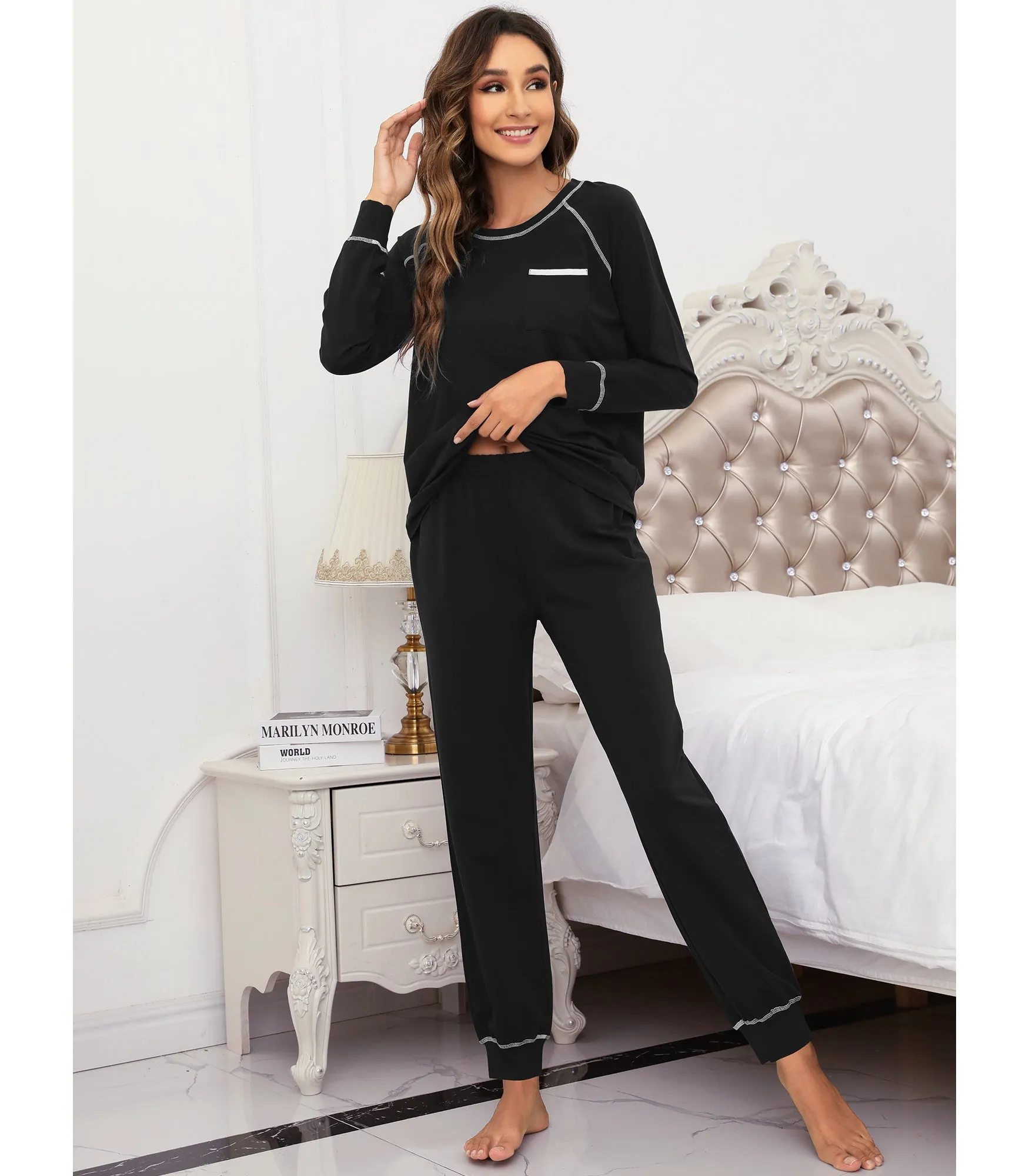 WiWi Bamboo Pajamas Set Long Sleeve Sleepwear Jogger Pants