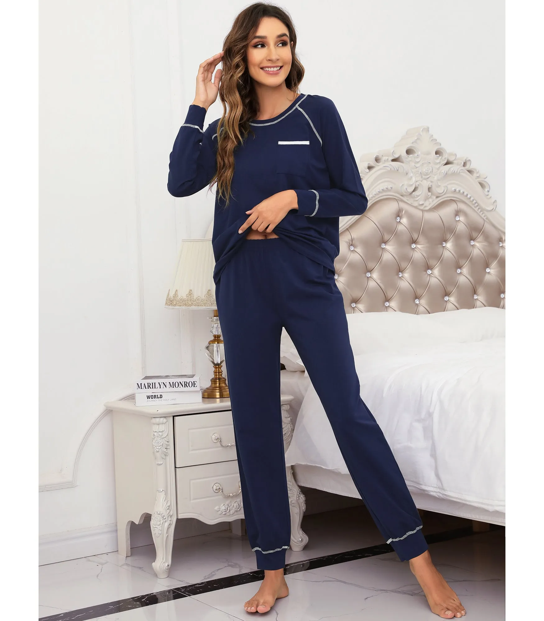 WiWi Bamboo Pajamas Set Long Sleeve Sleepwear Jogger Pants