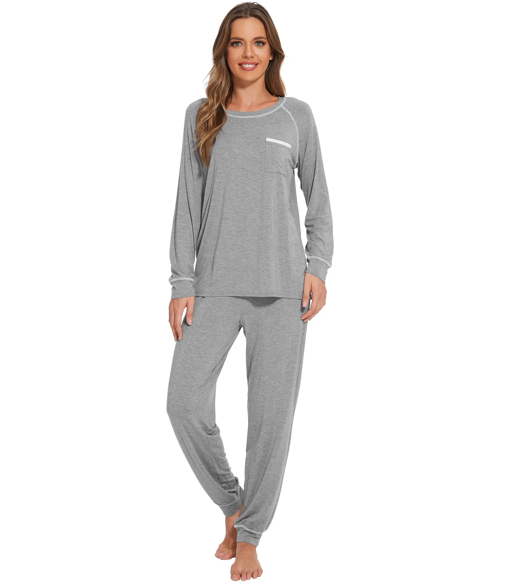 WiWi Bamboo Pajamas Set Long Sleeve Sleepwear Jogger Pants