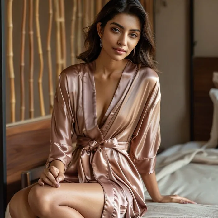 Women Satin Babydoll Belted Kimono Robe