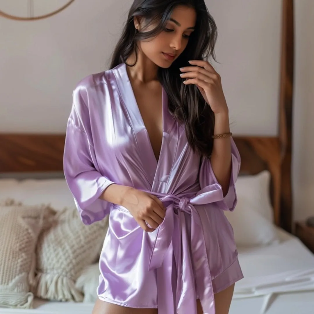 Women Satin Babydoll Belted Kimono Robe