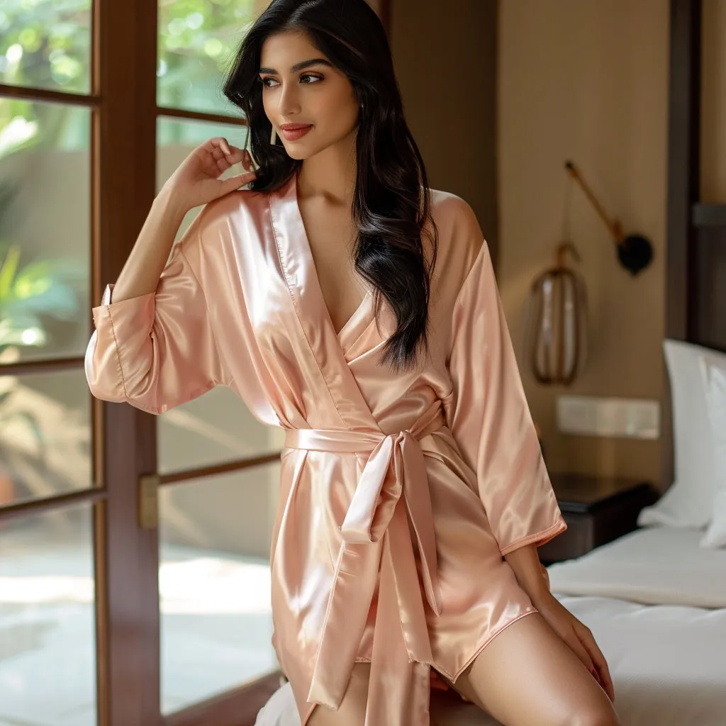 Women Satin Babydoll Belted Kimono Robe