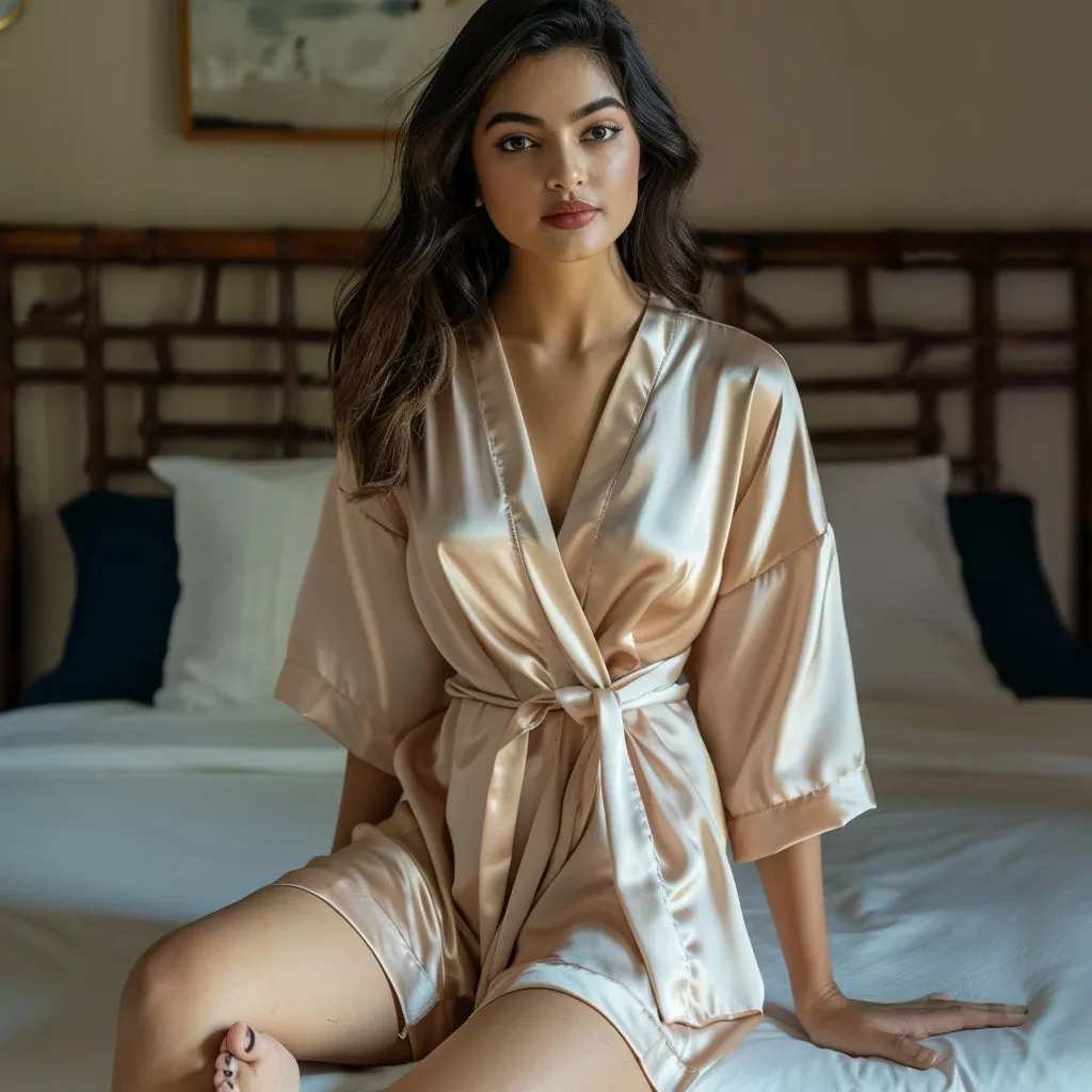 Women Satin Babydoll Belted Kimono Robe