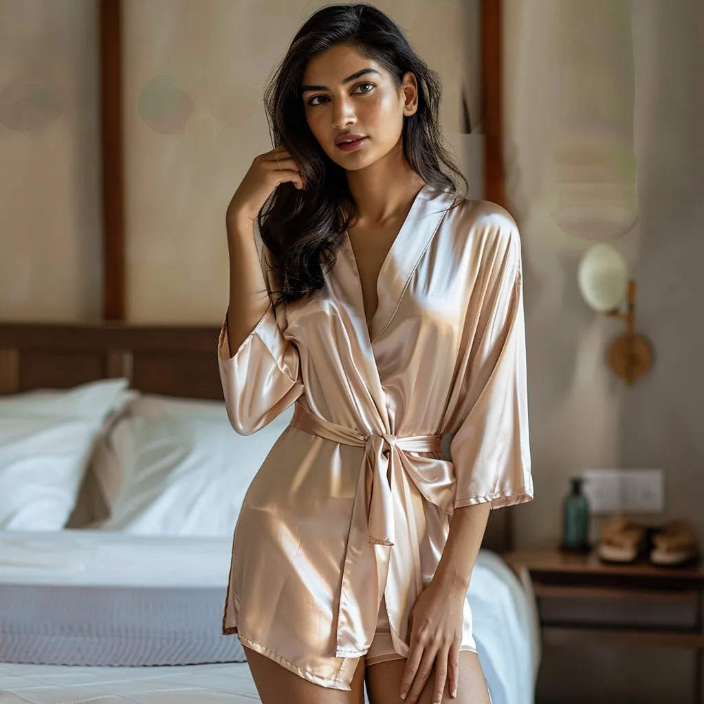 Women Satin Babydoll Belted Kimono Robe