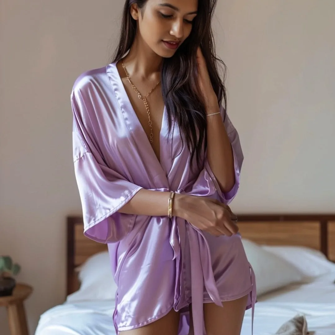 Women Satin Babydoll Belted Kimono Robe