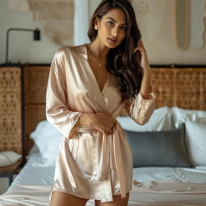 Women Satin Babydoll Belted Kimono Robe