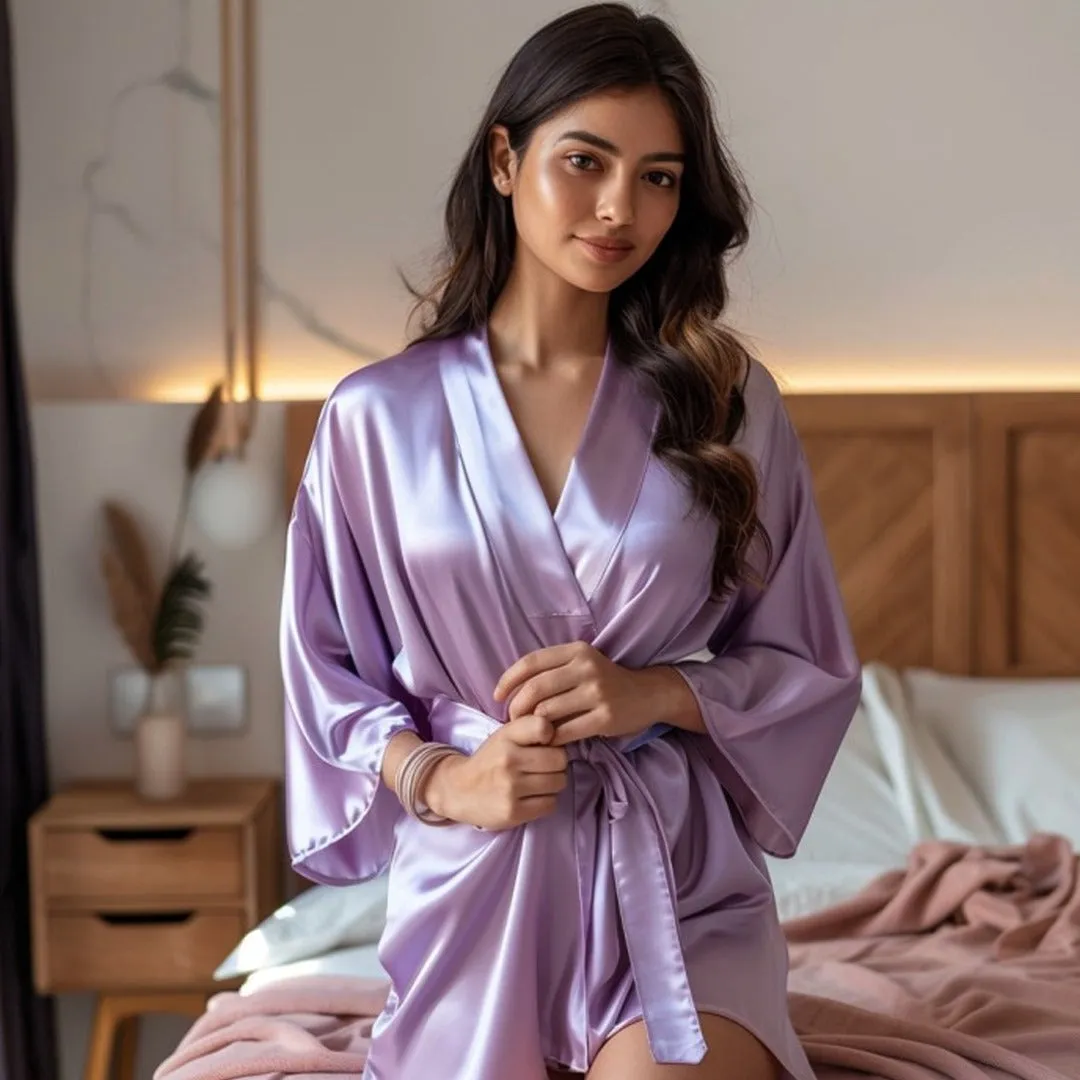 Women Satin Babydoll Belted Kimono Robe