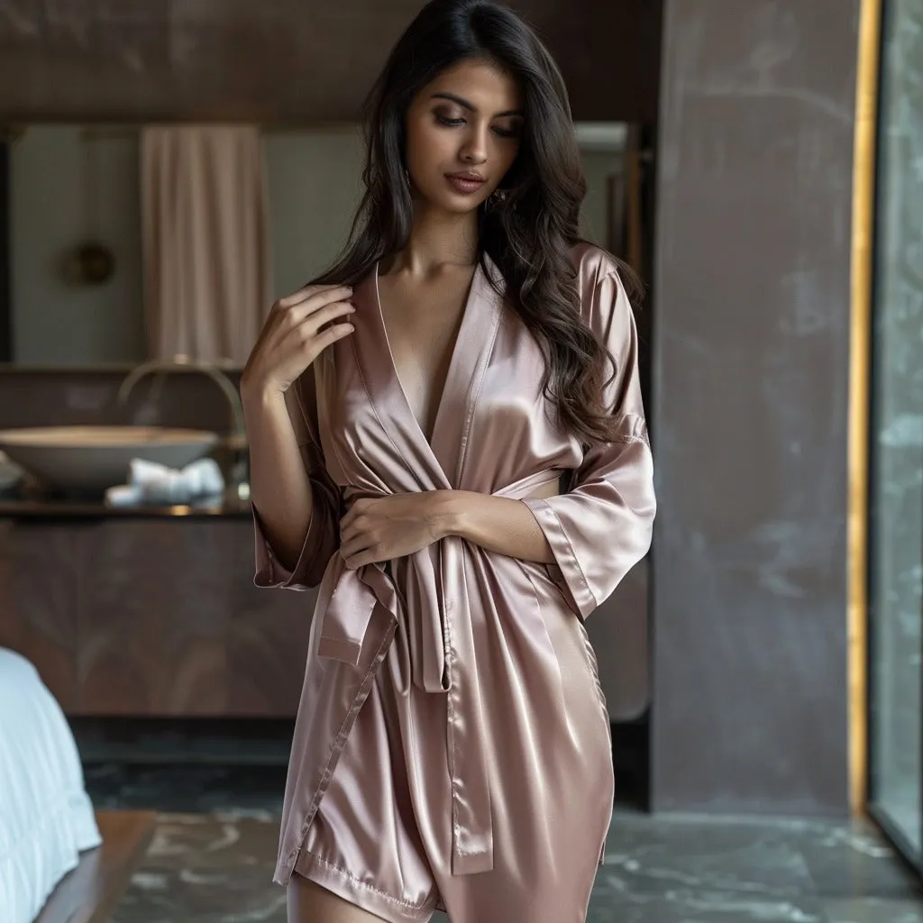 Women Satin Babydoll Belted Kimono Robe
