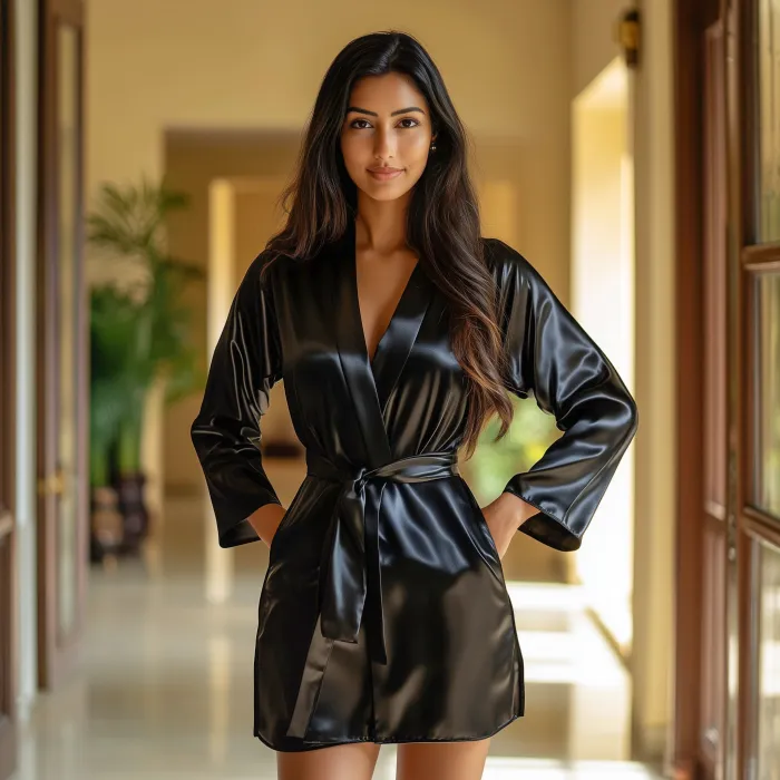Women Satin Babydoll Belted Kimono Robe