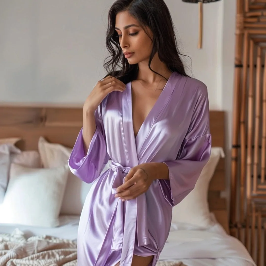 Women Satin Babydoll Belted Kimono Robe