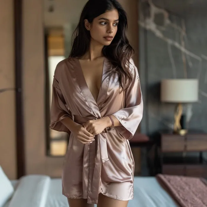 Women Satin Babydoll Belted Kimono Robe