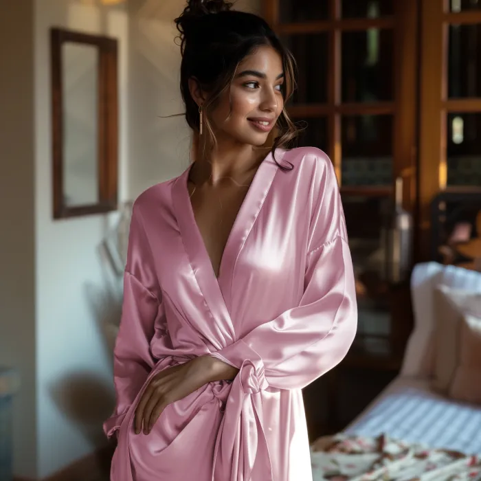 Women Satin Babydoll Belted Kimono Robe