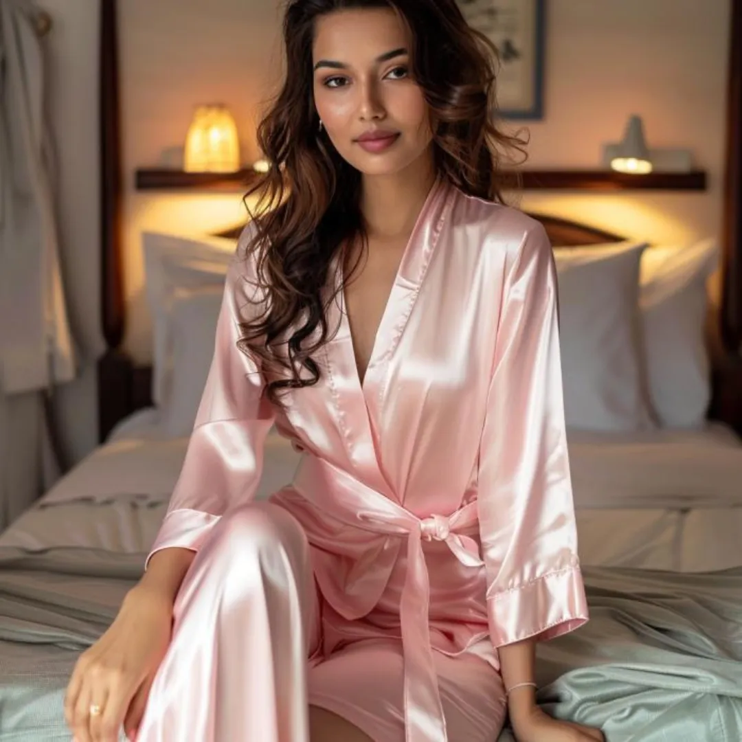 Women Satin Babydoll Belted Kimono Robe