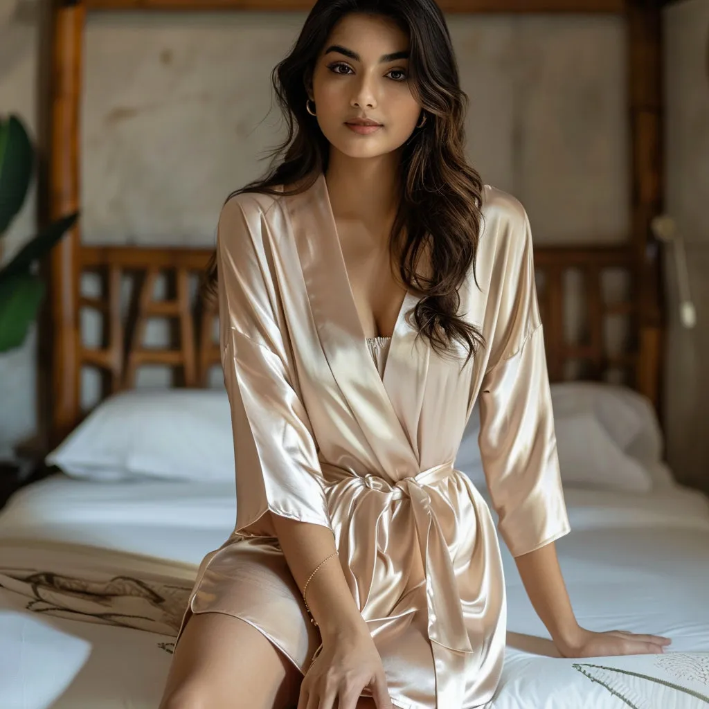 Women Satin Babydoll Belted Kimono Robe