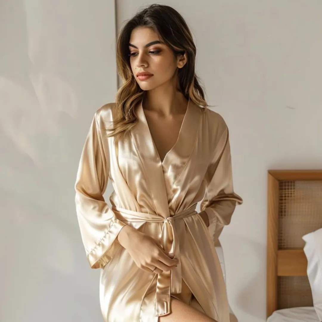Women Satin Babydoll Belted Kimono Robe